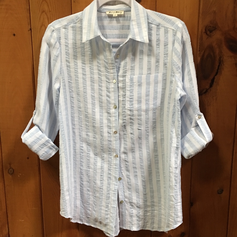 Jane and Delancey Lt Blue Stripe Seersucker Blouse